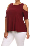 Plus Size Ribbed Cut Out Shoulder Boxy Burgundy Top