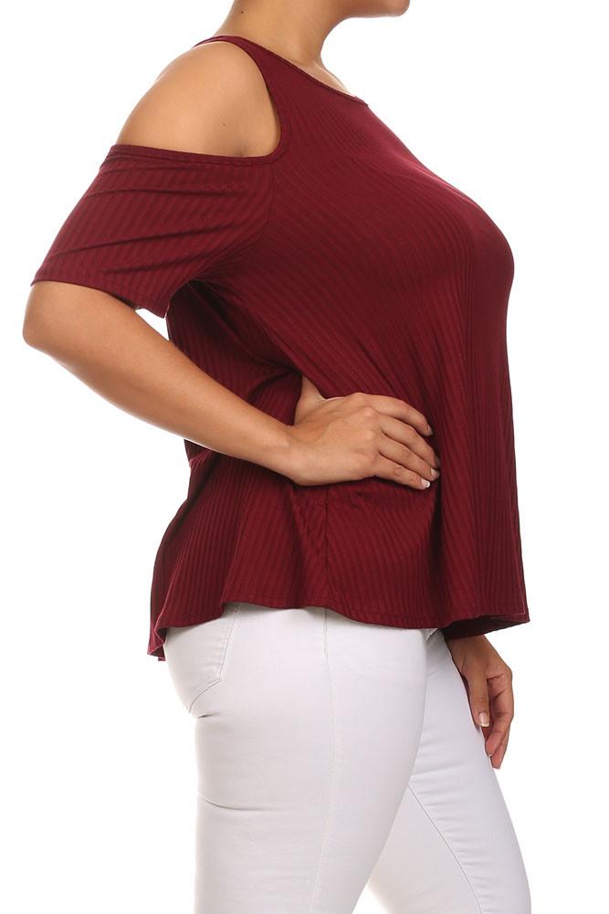 Plus Size Ribbed Cut Out Shoulder Boxy Burgundy Top