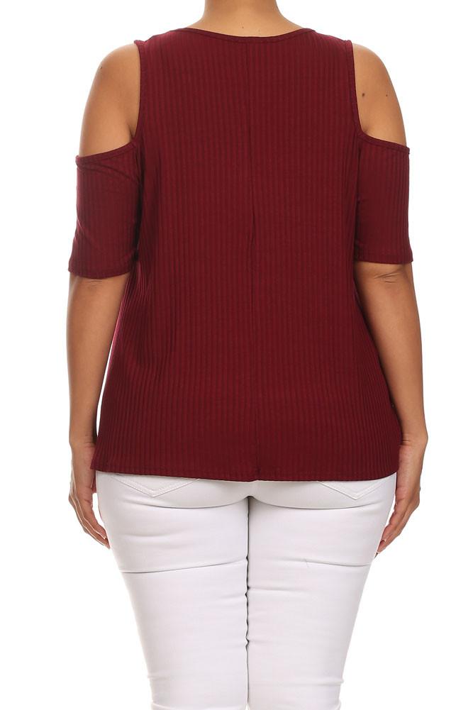 Plus Size Ribbed Cut Out Shoulder Boxy Burgundy Top