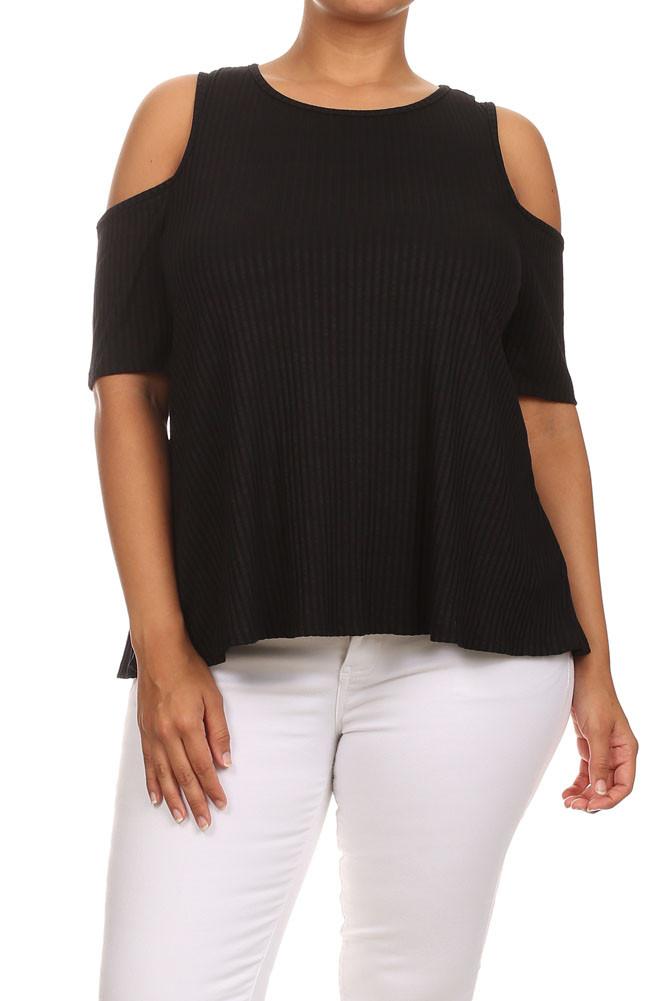 Plus Size Ribbed Cut Out Shoulder Boxy Top