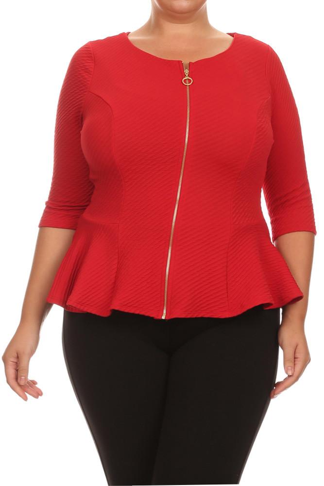 Plus Size Elegant Textured Peplum Red Jacket