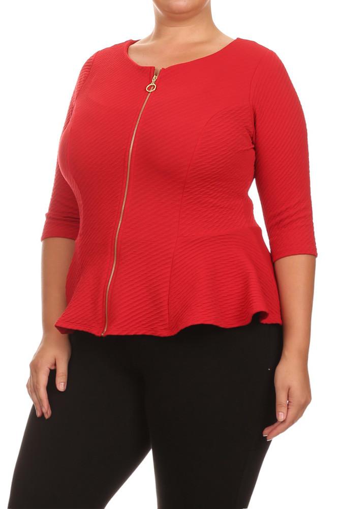 Plus Size Elegant Textured Peplum Red Jacket