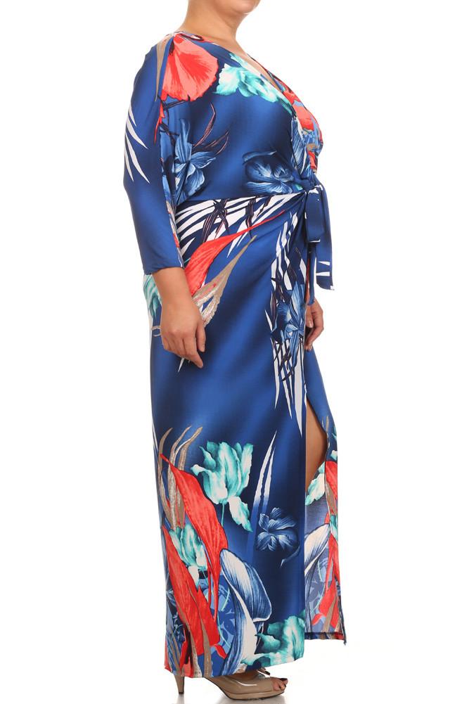 Plus Size Floral Paradise Front Knot Blue Kimono Dress