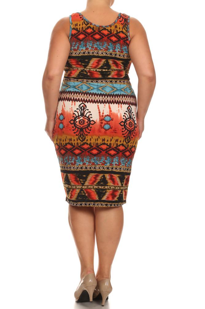 Plus Size Breezy Tribal Print Midi Blue Dress