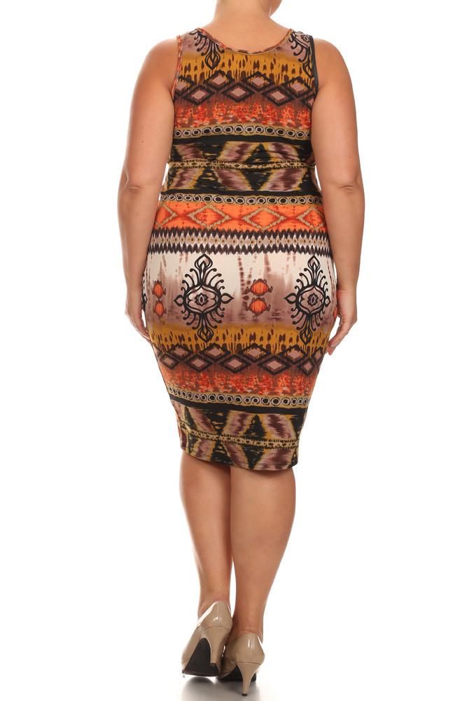 Plus Size Breezy Tribal Print Midi Orange Dress