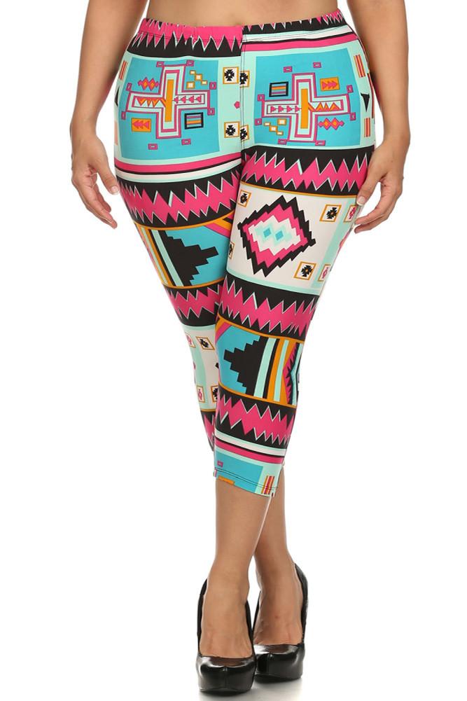 Plus Size Colorful Aztec Print Capri Leggings