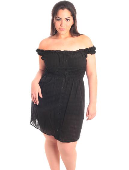 Plus Size Off Shoulder Black Button Down Dress