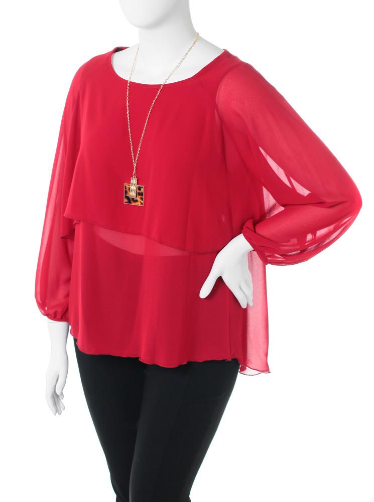Plus Size Layered Sheer Jewelry Red Blouse