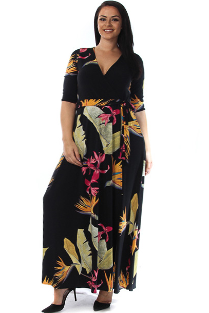 Wild Flower Print Plus Size Kimono Maxi Dress