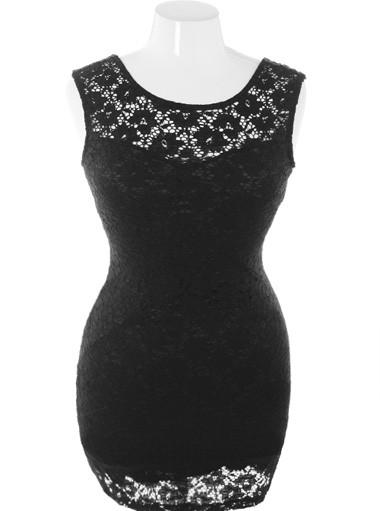 Plus Size Layered Sexy Floral Knit Black Dress