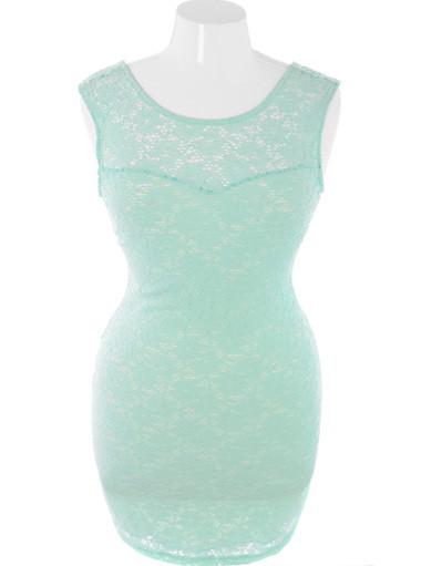 Plus Size Layered Sexy Floral Knit Mint Dress