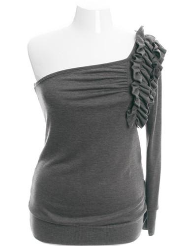 Plus Size Sexy One Shoulder Ruffled Charcoal Grey Sweater Top