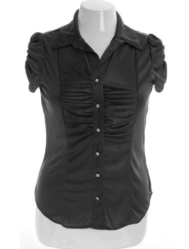 Plus Size Silky Scrunch Diamond Button Black Top