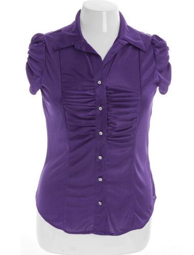 Plus Size Silky Scrunch Diamond Button Purple Top