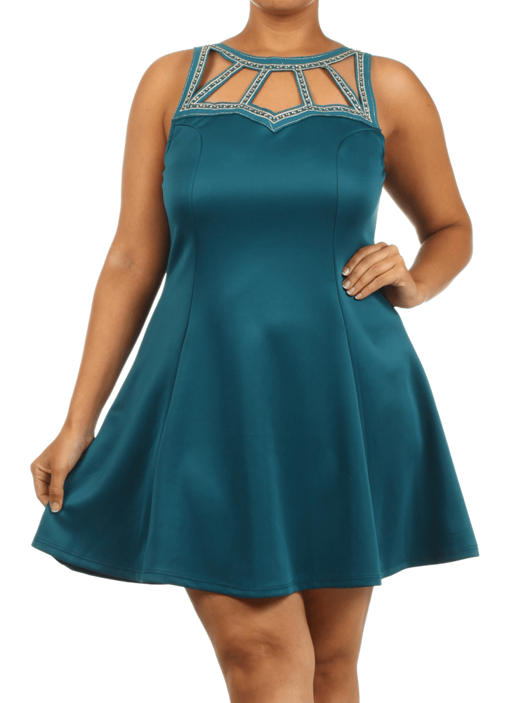 Plus Size Sexy Cut Out Gold Beaded Teal Dress