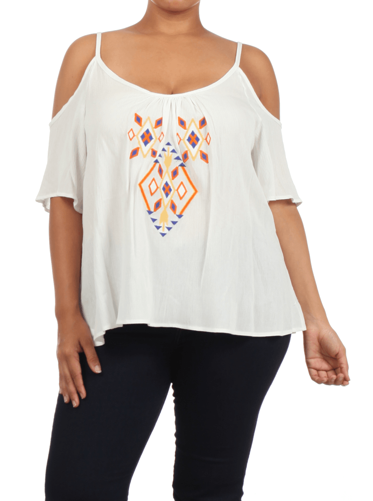 Plus Size Flirty Cut Out Shoulders Aztec Print White Top