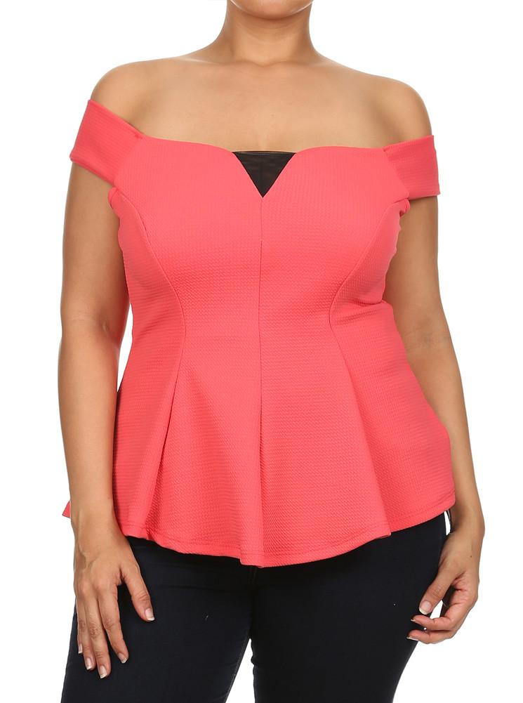 Plus Size Hot Mesh Cut Out Shoulders Coral Top