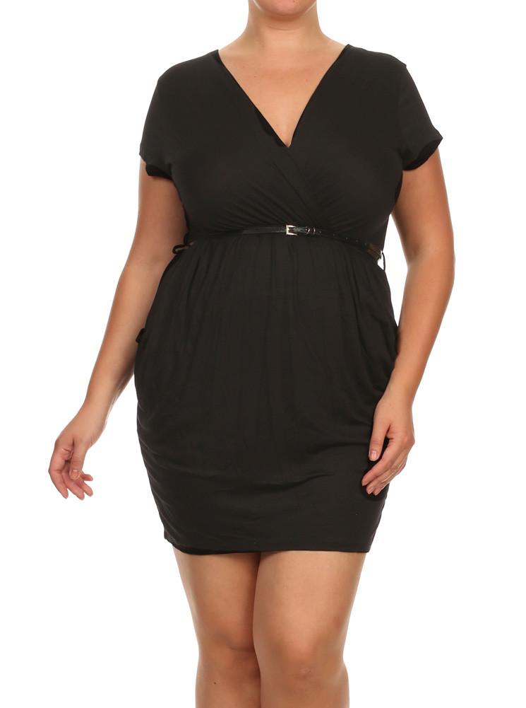 Plus Size Modish Surplice Belted Black Dress