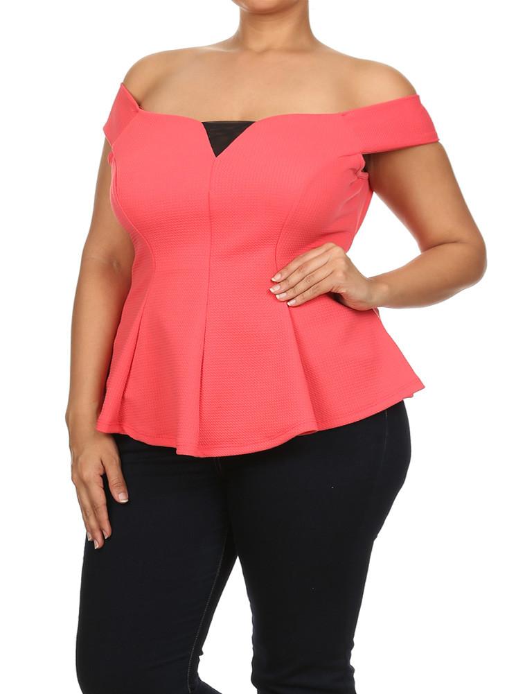 Plus Size Hot Mesh Cut Out Shoulders Coral Top