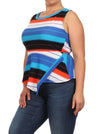 Plus Size Striped Jagged Hem Peplum Blue Top