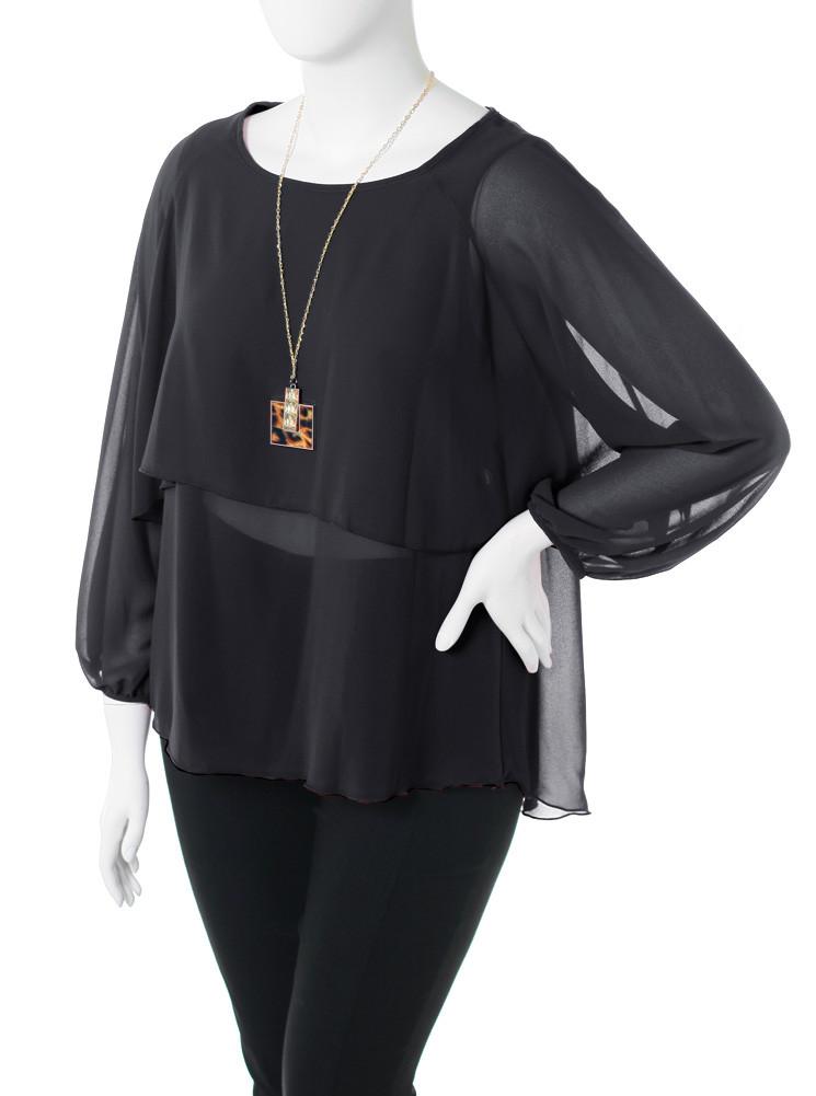 Plus Size Layered Sheer Jewelry Black Blouse