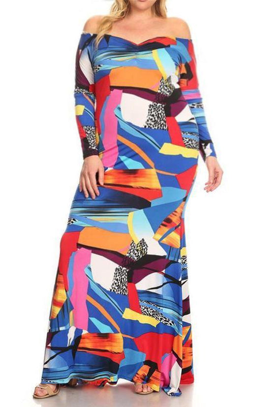 Plus Size Colorful Abstract Off Shoulder Maxi Dress