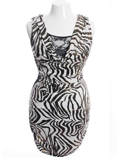 Plus Size Draped Lace Peep Zebra Print Dress