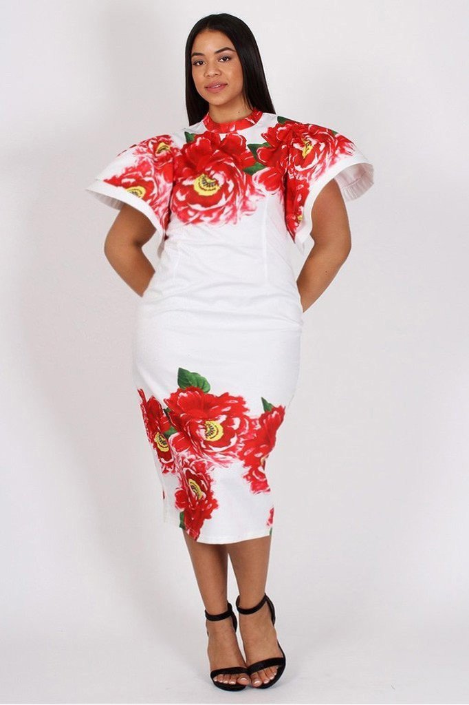 Plus Size Floral Flutter Shoulder Bodycon Dress White