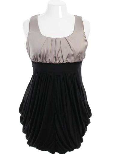 Plus Size Pleated Black and Tan Pocket Dress