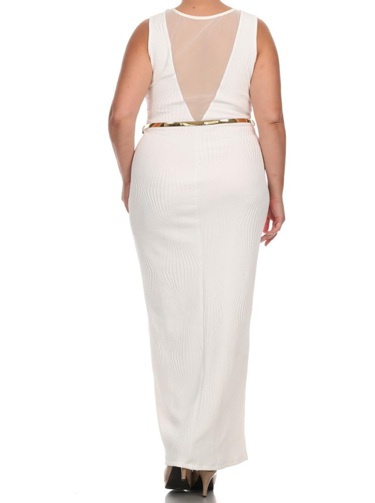 Plus Size Belted Diamond White Maxi Mesh Dress