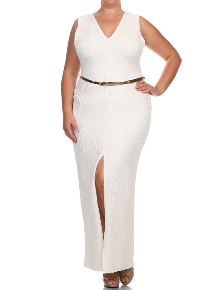 Plus Size Belted Diamond White Maxi Mesh Dress