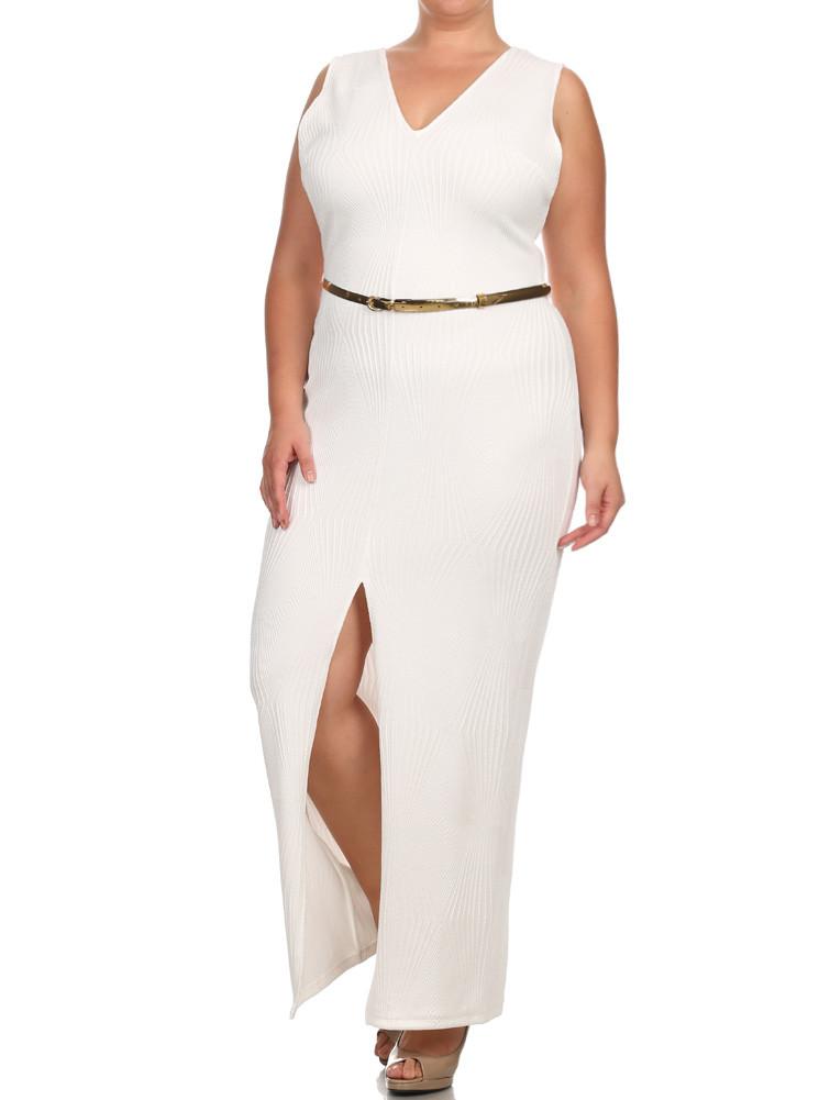 Plus Size Belted Diamond White Maxi Mesh Dress