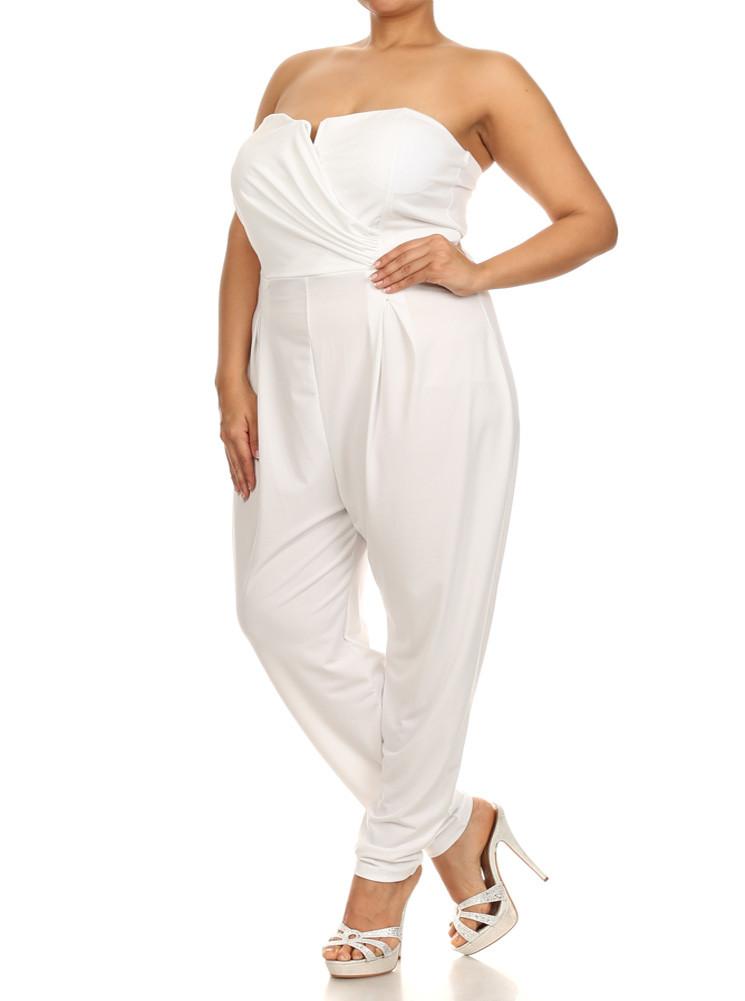 Plus Size Strapless Cross Over White Jumpsuit