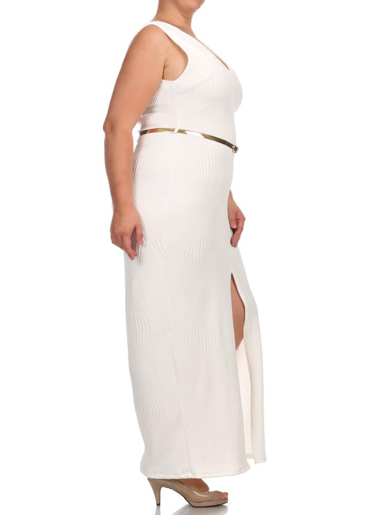 Plus Size Belted Diamond White Maxi Mesh Dress