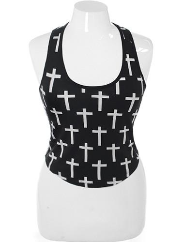 Plus Size Hip Cross Print Black Tank Top