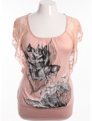 Plus Size Rose Petal Lace Tan Blouse