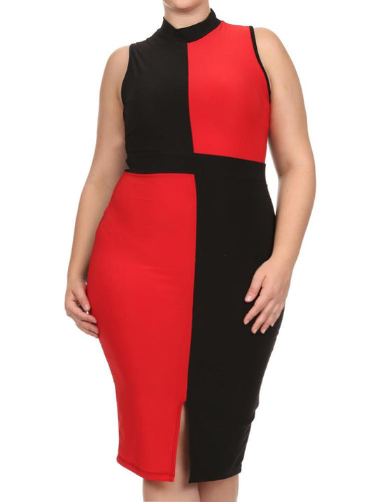 Plus Size Color Block Paneled Red Midi Dress