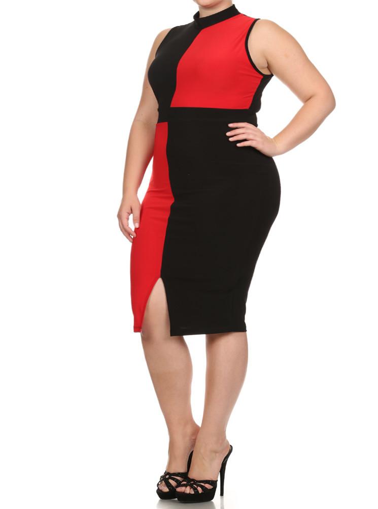 Plus Size Color Block Paneled Red Midi Dress