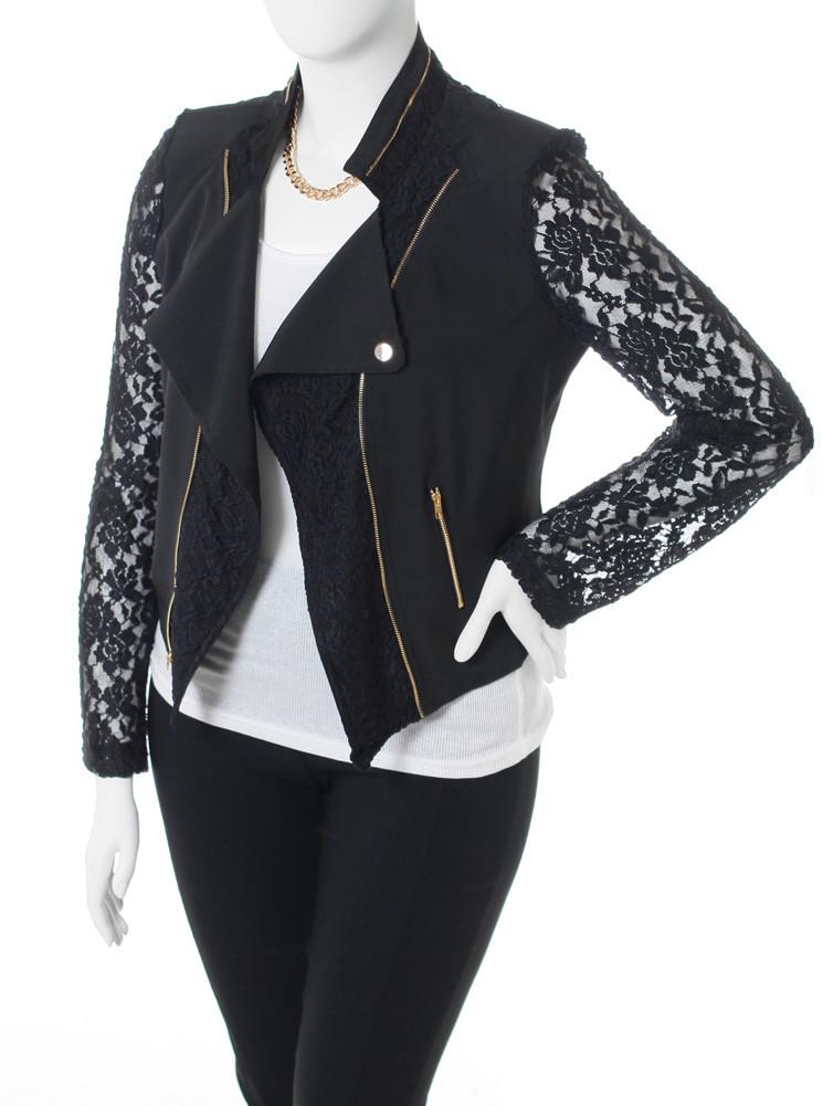 Plus Size Lace Sleeves Black Biker Jacket