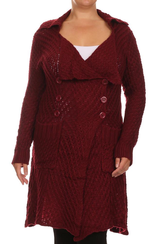 Plus Size Cozy Knit Burgundy Cardigan