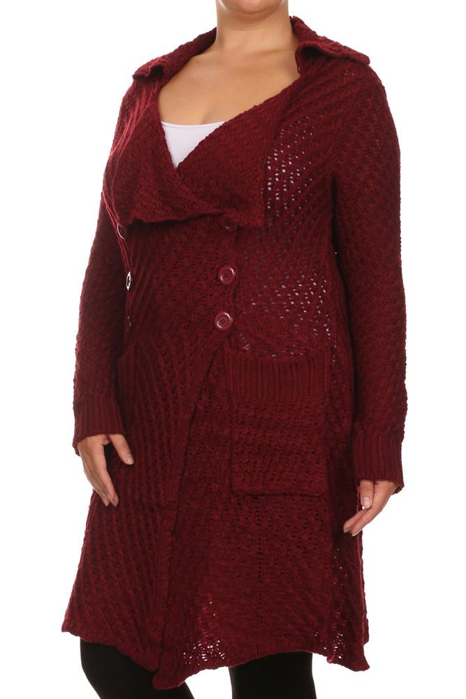 Plus Size Cozy Knit Burgundy Cardigan