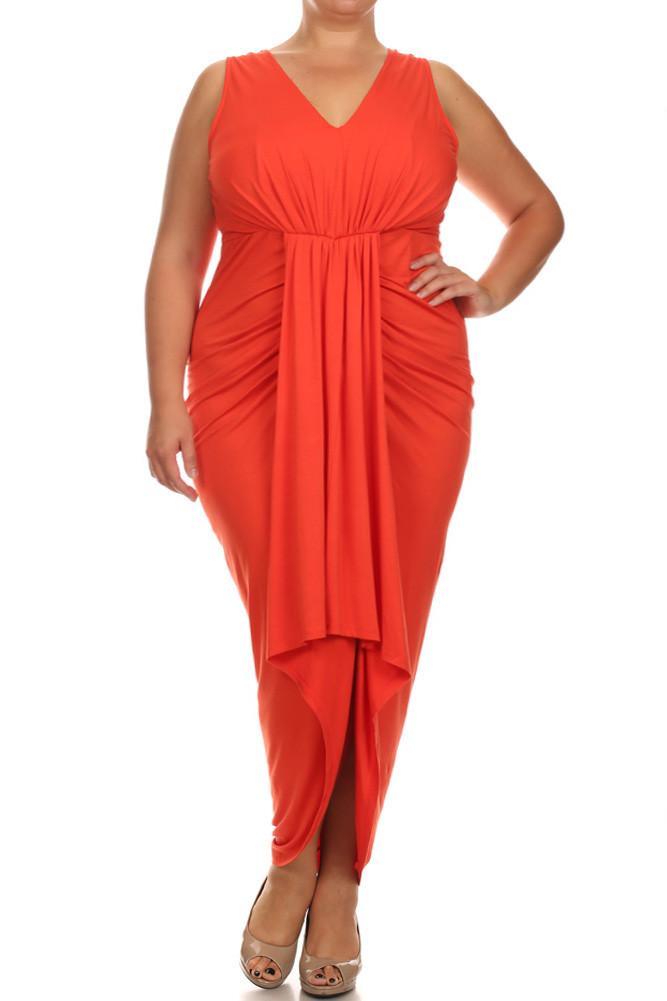 Plus Size Lovely Draped Dip Hem Orange Maxi Dress