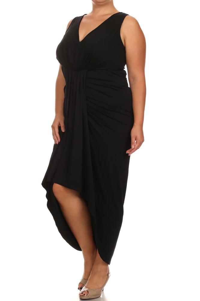 Plus Size Lovely Draped Dip Hem Black Maxi Dress