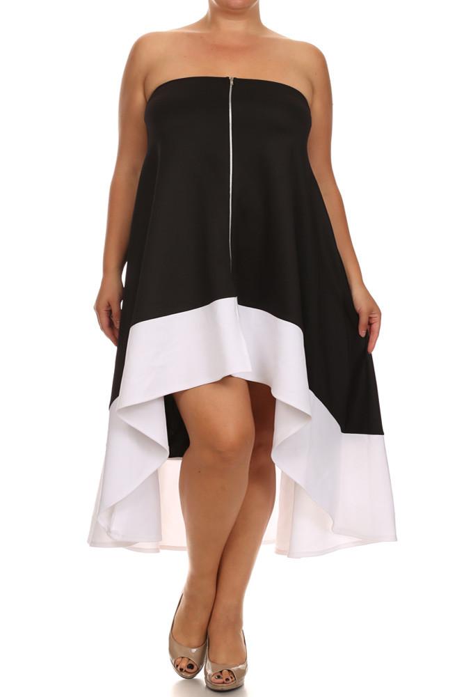 Plus Size Color Block Black A line Dip Hem Dress