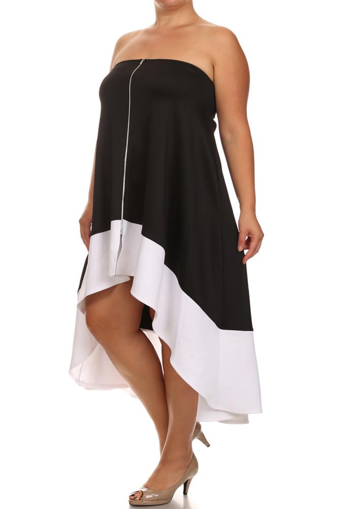 Plus Size Color Block Black A line Dip Hem Dress