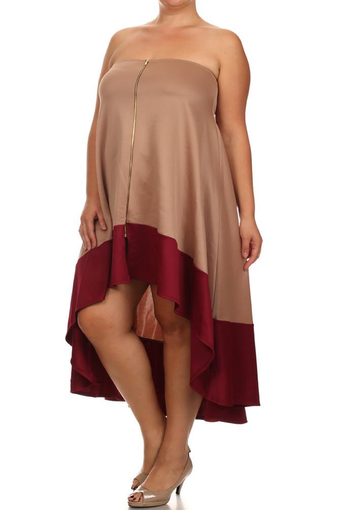 Plus Size Color Block Tan A line Dip Hem Dress