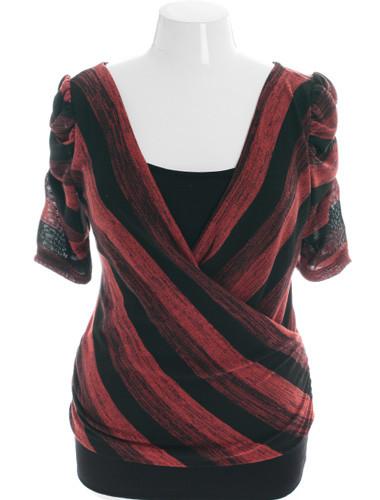 Plus Size Trendy Stripe Open Back Red Top