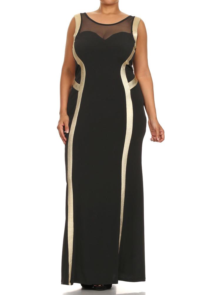 Plus Size Glam Beauty Gold Trim Maxi Dress