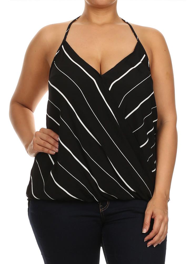 Plus Size Let's Play Striped Halter Neckline Black Tank