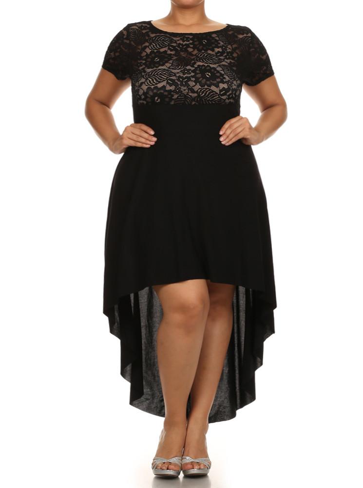 Plus Size Lovely See Through Lace Dip Hem Black Dress